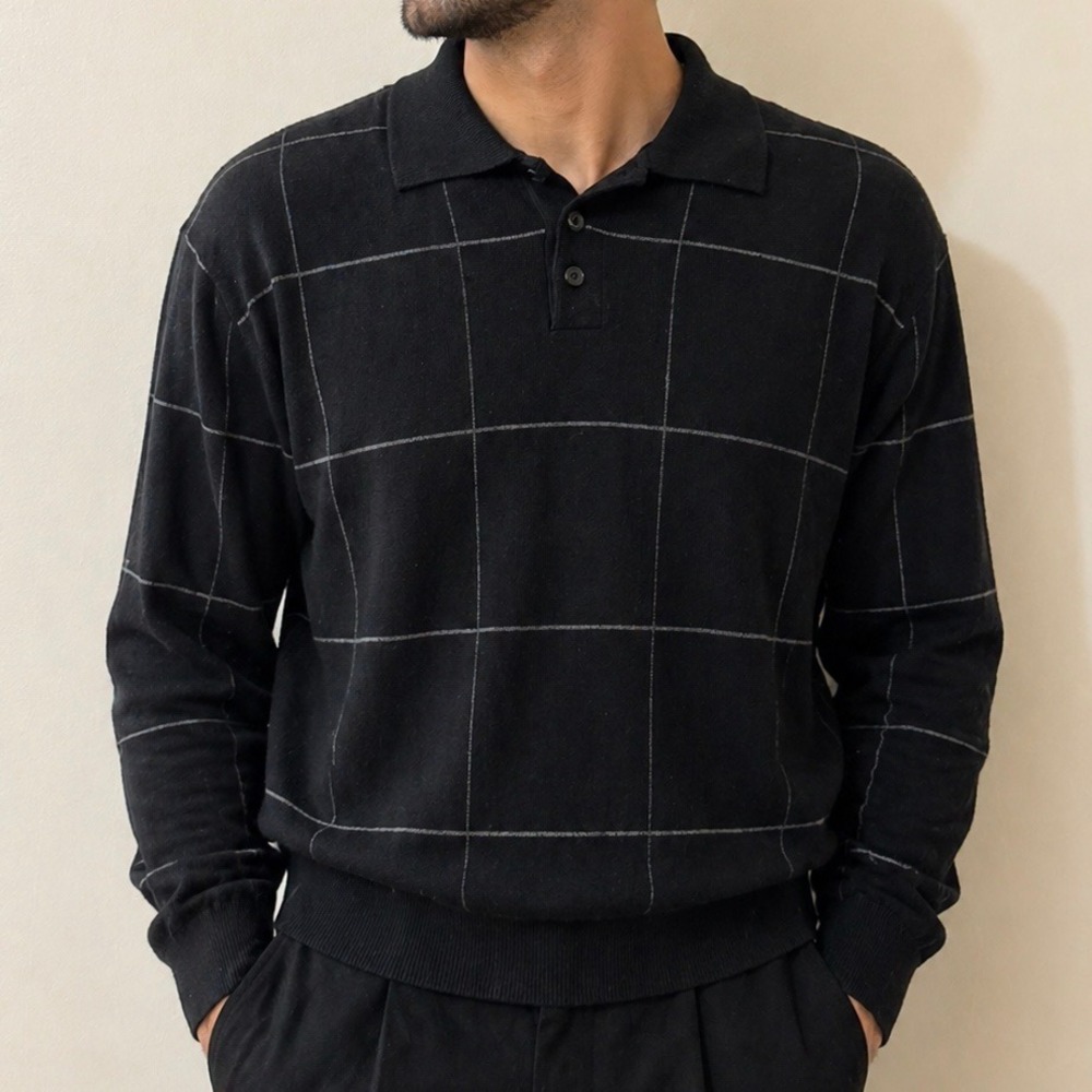 VINTAGE Riscatto Silk Blend Windowpane Polo Sweater - Men's XL - EUC Black
